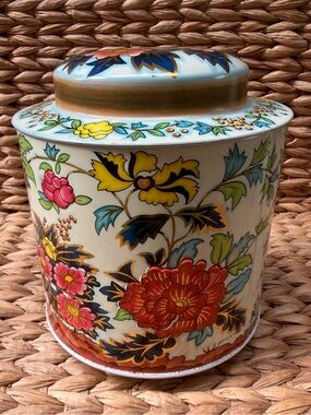 Vintage 70’s DAHER England Floral Tin Canister Embossed Flowers Folk Art Storage